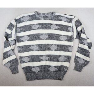 VINTAGE 80s 90s MEN'S GRAY & WHITE PRINT PULLOVER SWEATER - SIZE M